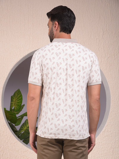 Beige Printed Polo Neck T-Shirt