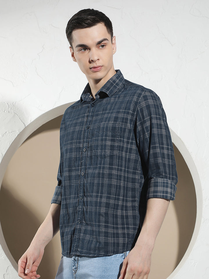 Blue Checked 100% Cotton Corduroy Shirt