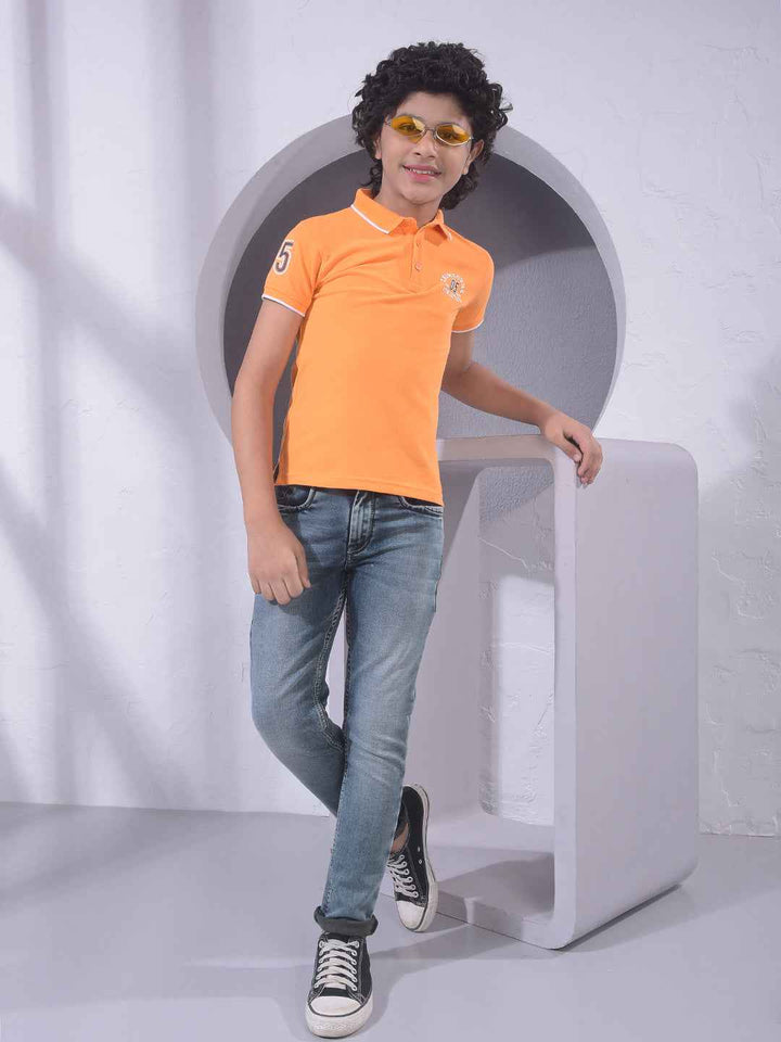 Orange Typographic Print Polo Neck T-Shirt