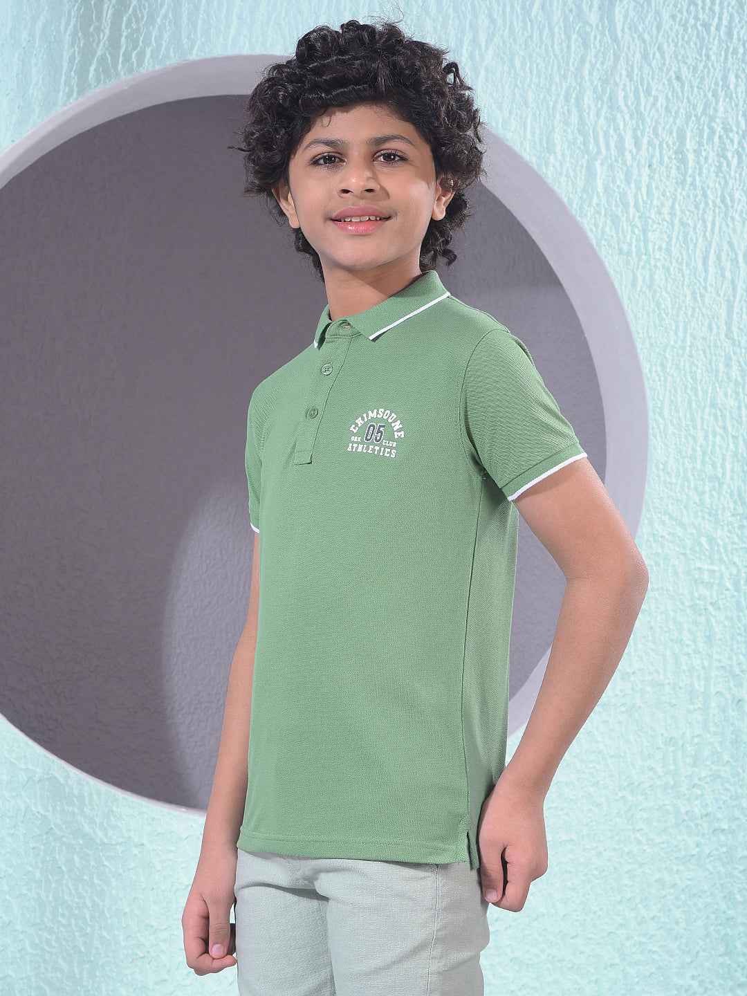 Green Typographic Print Polo Neck T-Shirt