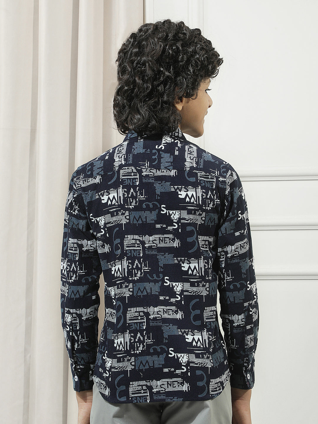 Navy Blue 100% Cotton Graphic Print Corduroy Shirt