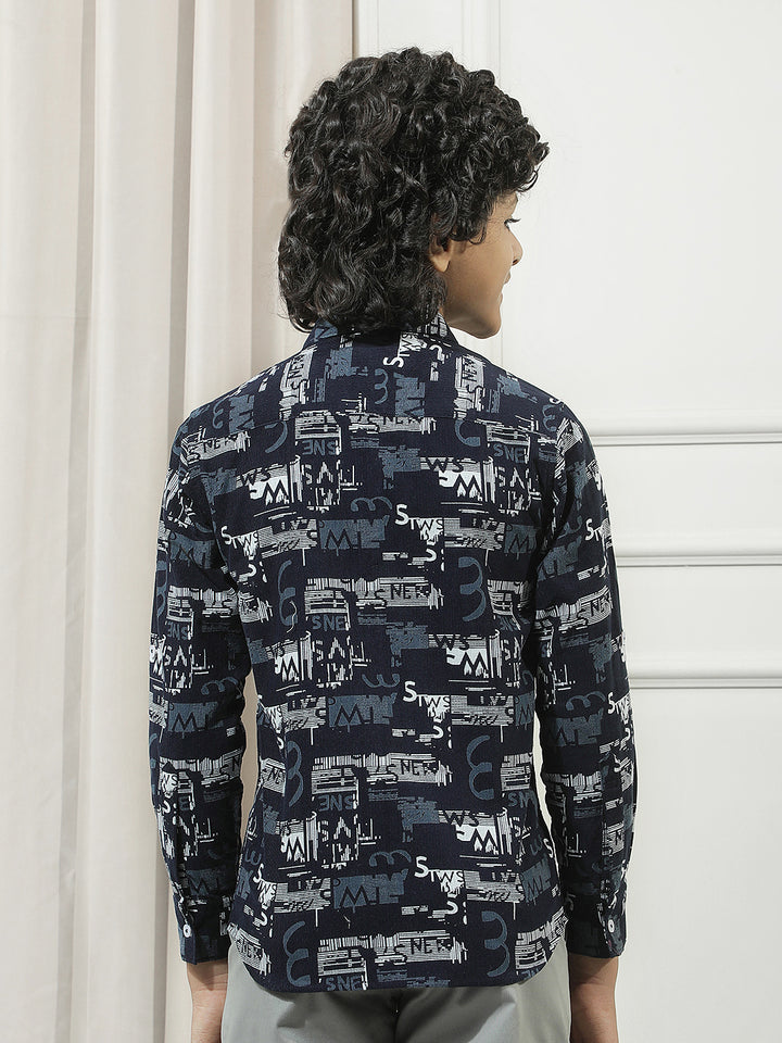 Navy Blue 100% Cotton Graphic Print Corduroy Shirt