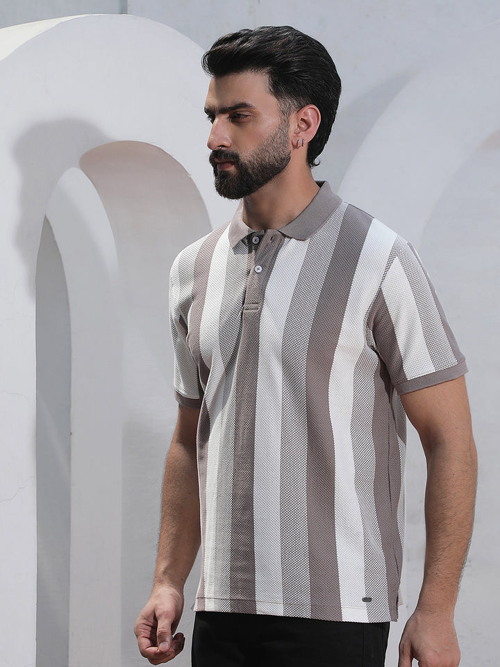 Grey Vertical Striped Polo Neck T-Shirt