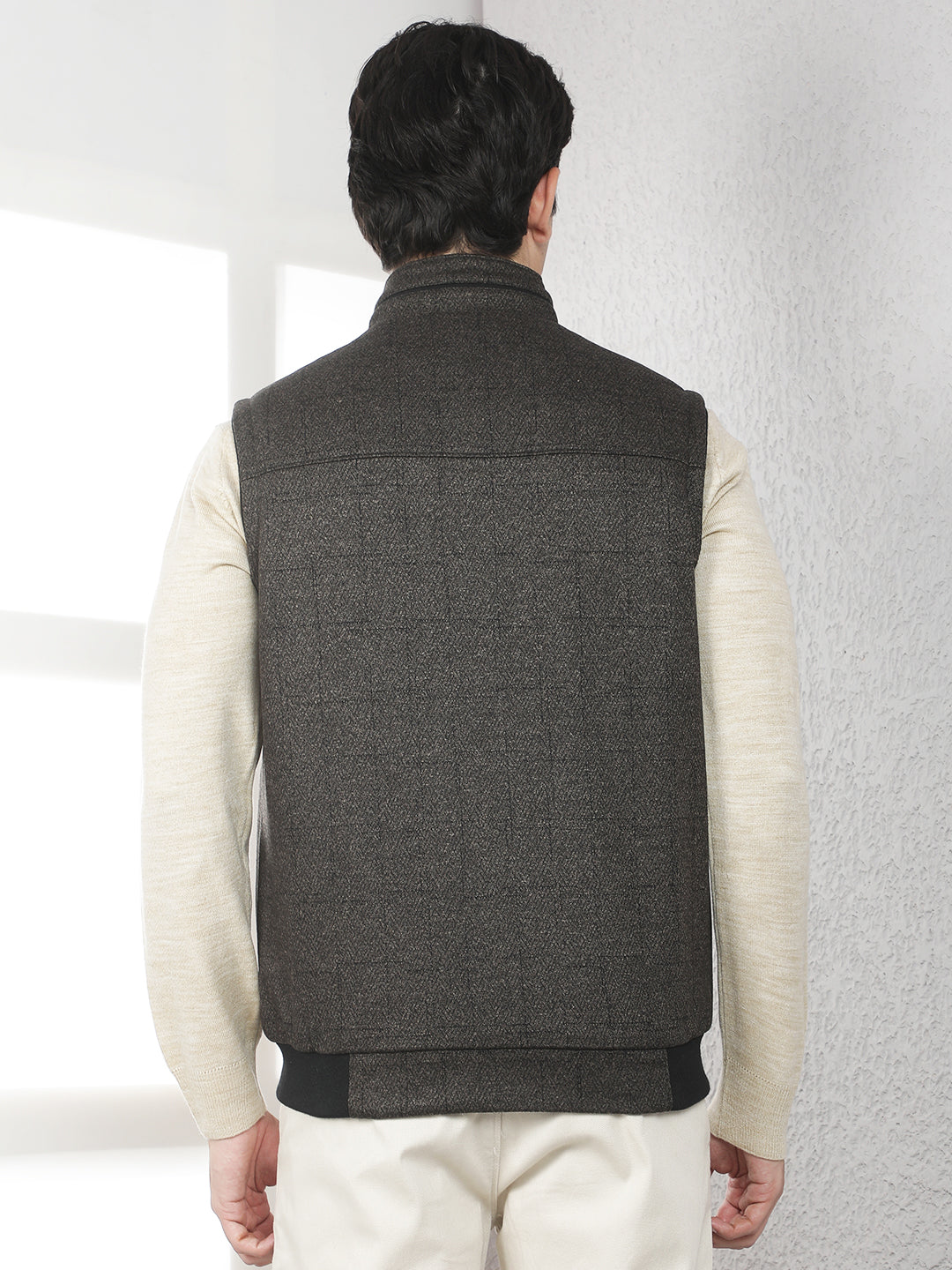 Brown Jacquard Sleeveless Jacket