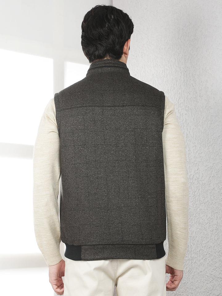 Brown Jacquard Sleeveless Jacket