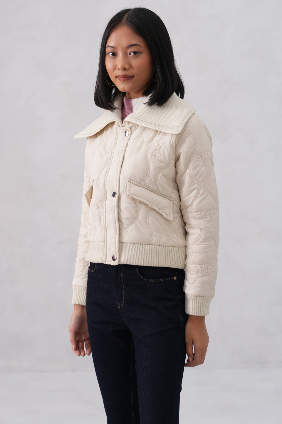 Cream Embellished Quilted Jacket