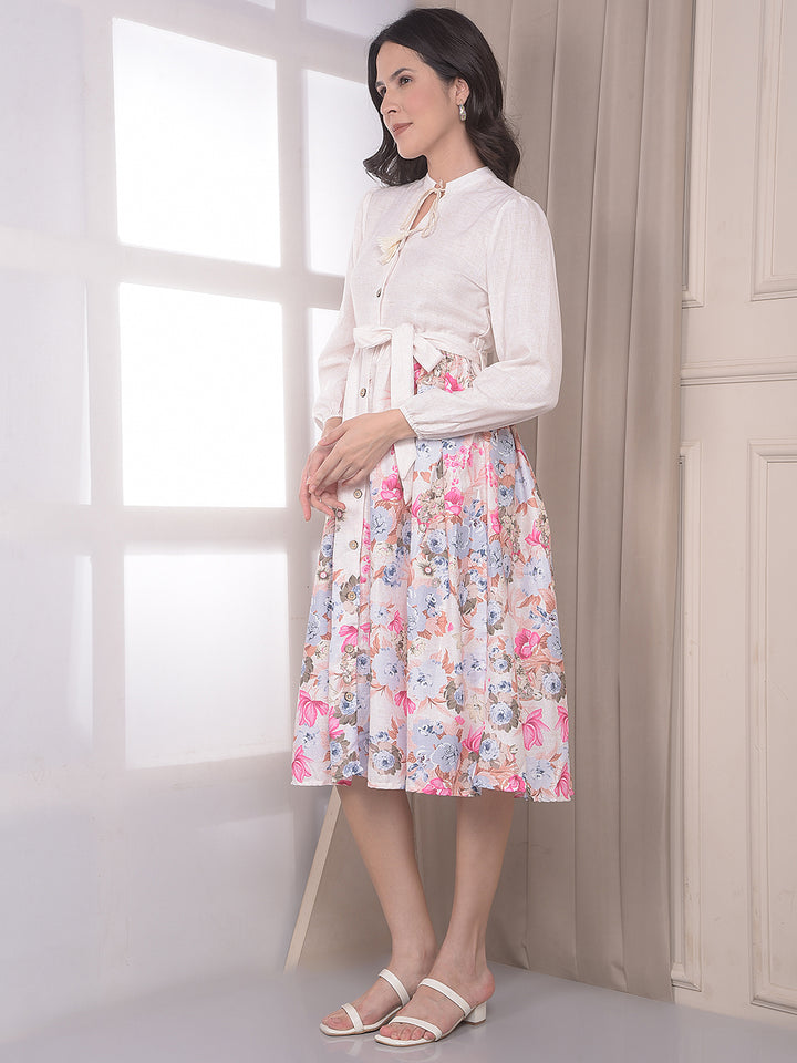 Multi-Color Floral Print Below Knee A-Line Dress with Belt