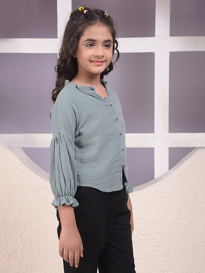 Green Textured V-Neck Top