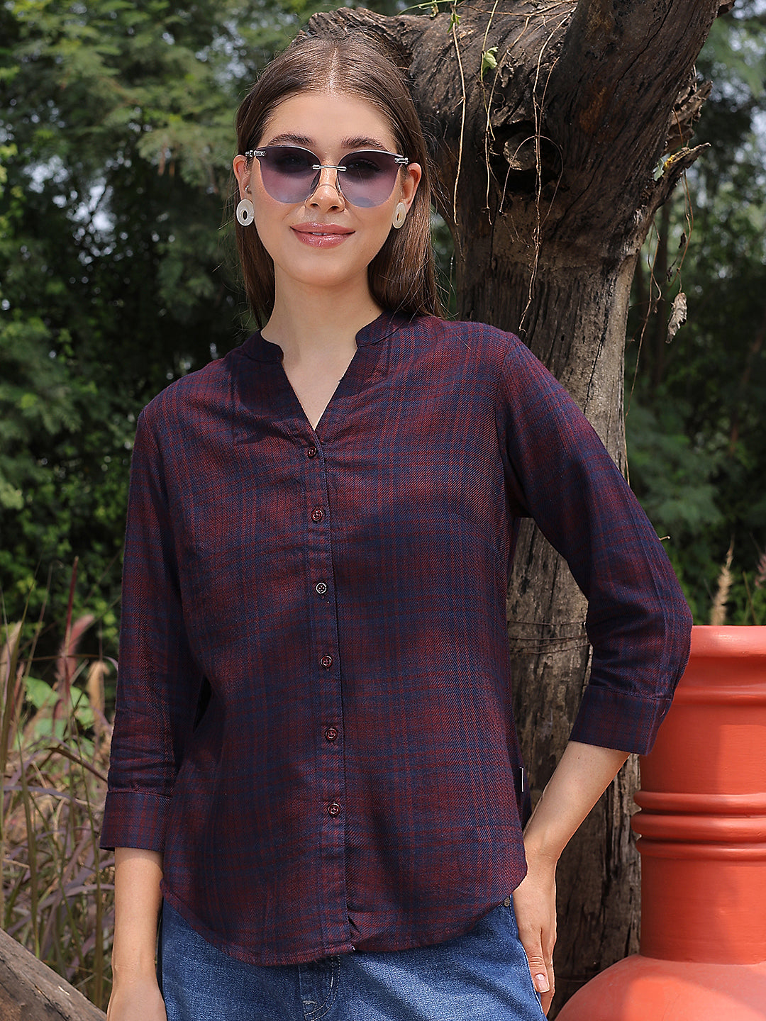 Maroon Checked V-Neck Shirt