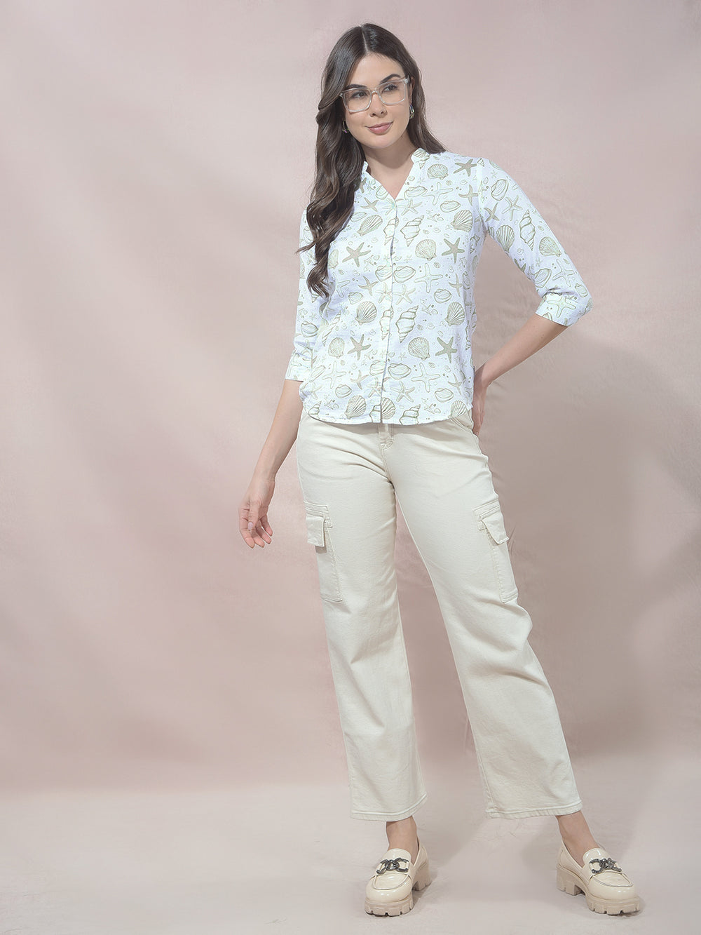 Green Printed V-Neck 100% Cotton Shirt