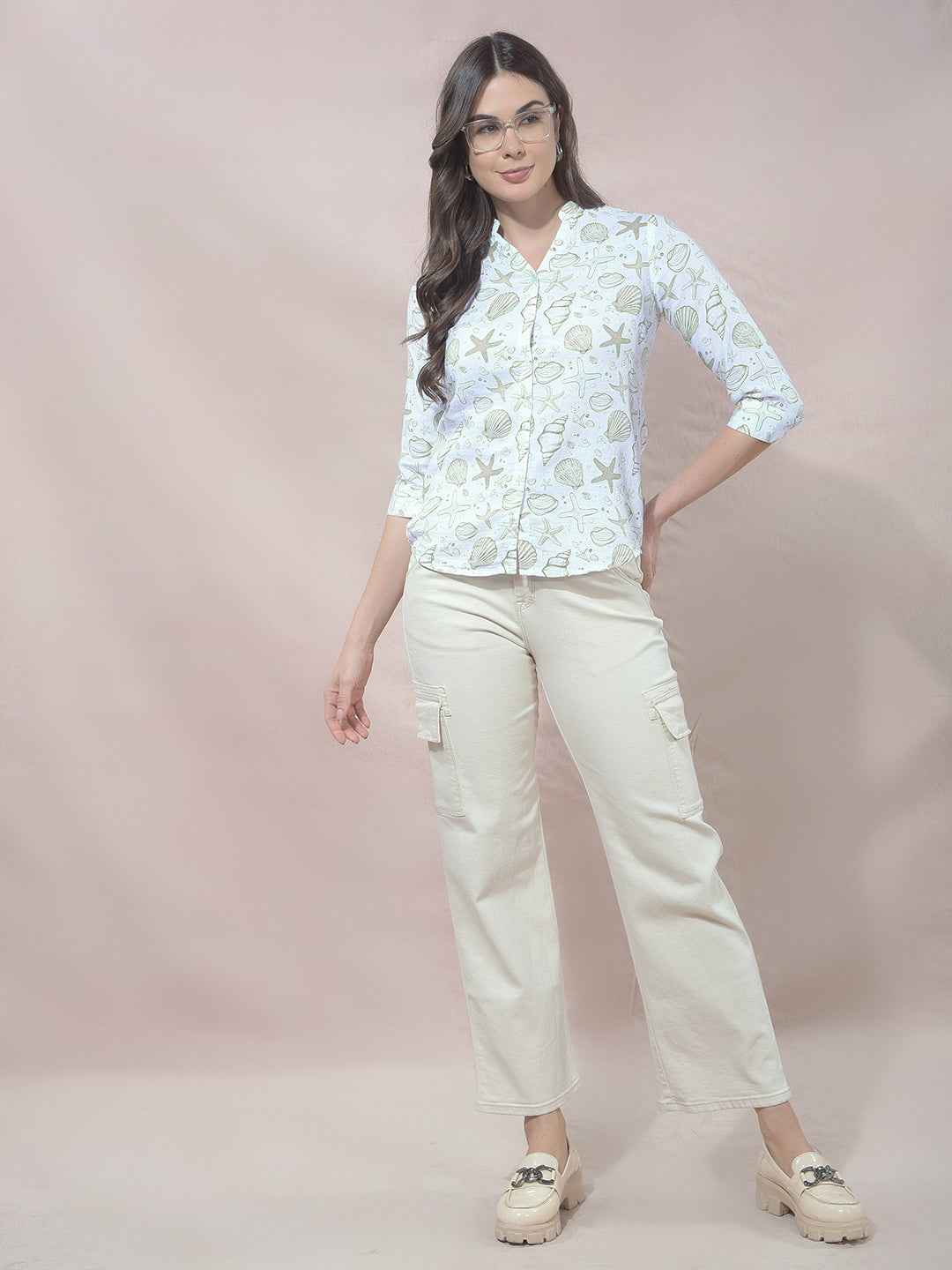 Green Printed V-Neck 100% Cotton Shirt