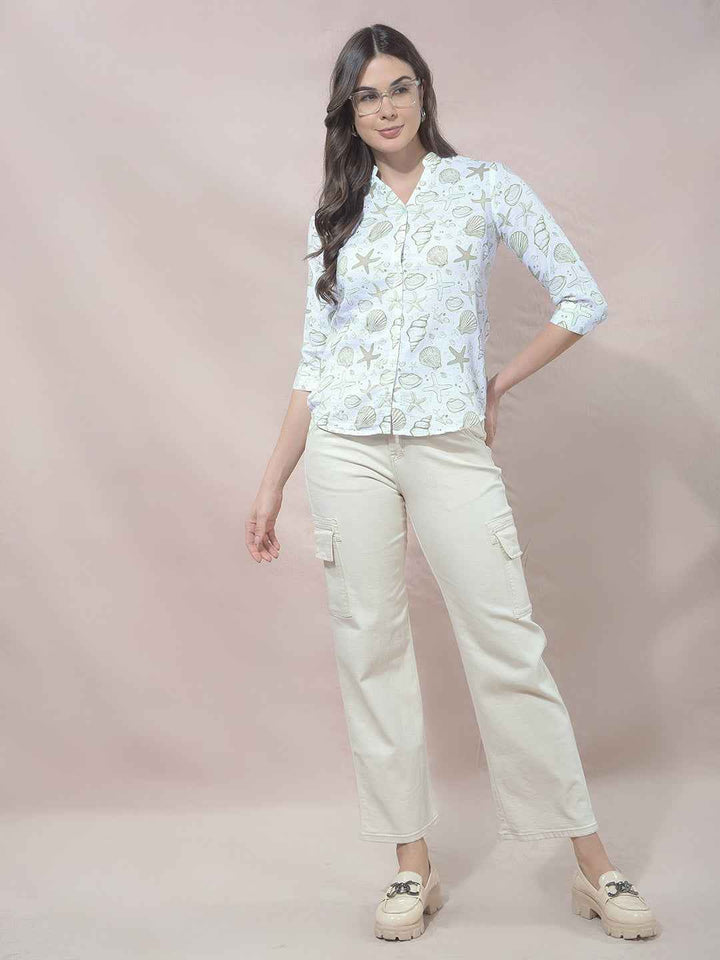 Green Printed V-Neck 100% Cotton Shirt