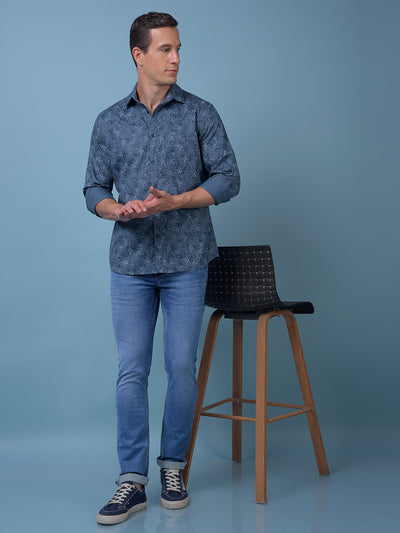 Blue Floral Print 100% Cotton Shirt