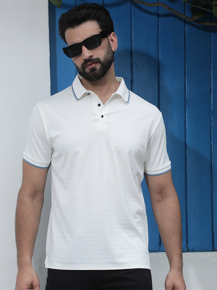 White Horizontal Stripes Polo Neck T-Shirt