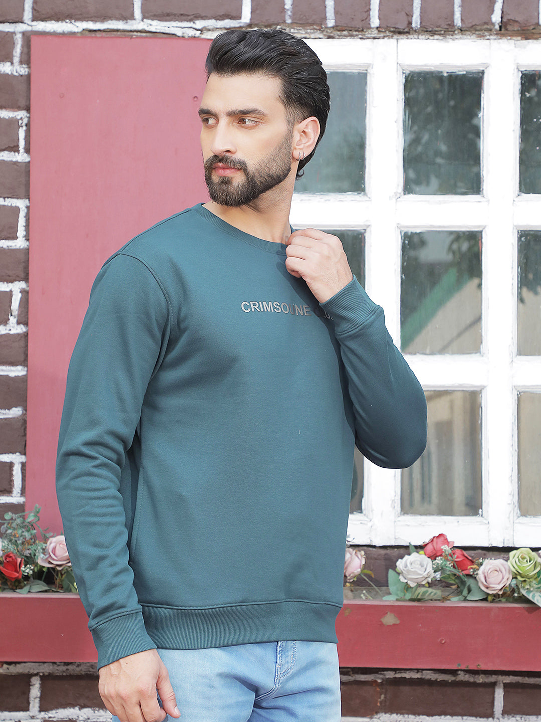 Blue Typographic Print Round Neck Sweatshirt