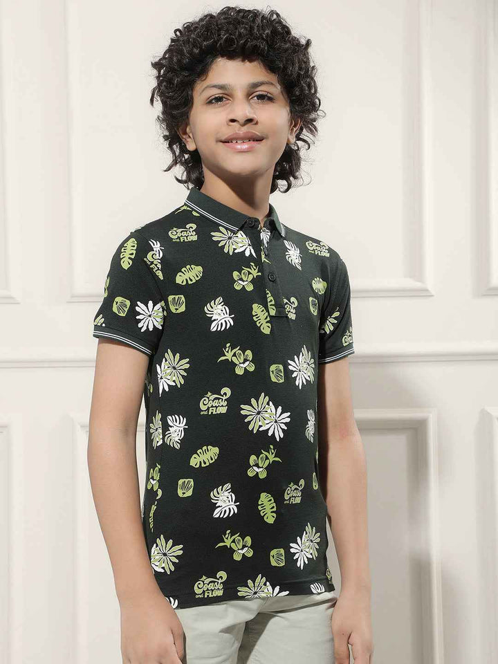 Tropical Print Green Polo T-Shirt