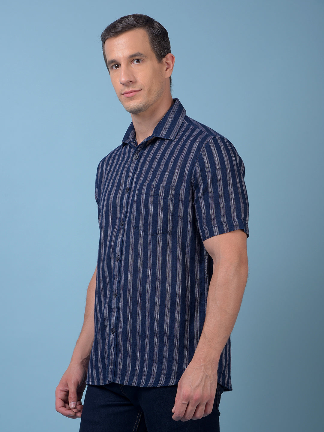 Navy Blue Vertical Stripes 100% Cotton Shirt