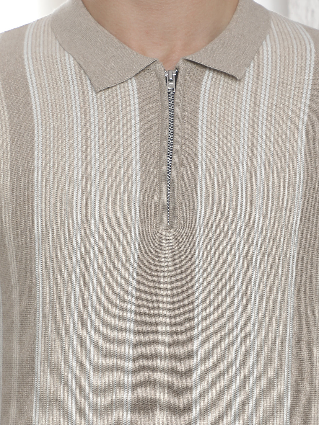 Beige 100% Cotton Verical Stripes Polo Neck Sweater