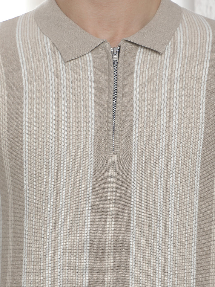 Beige 100% Cotton Verical Stripes Polo Neck Sweater