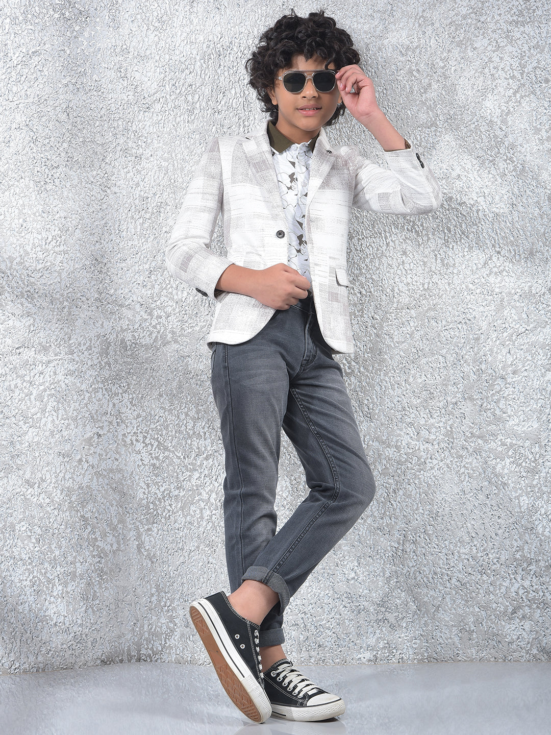 Cream Textured Single-Breasted Blazer