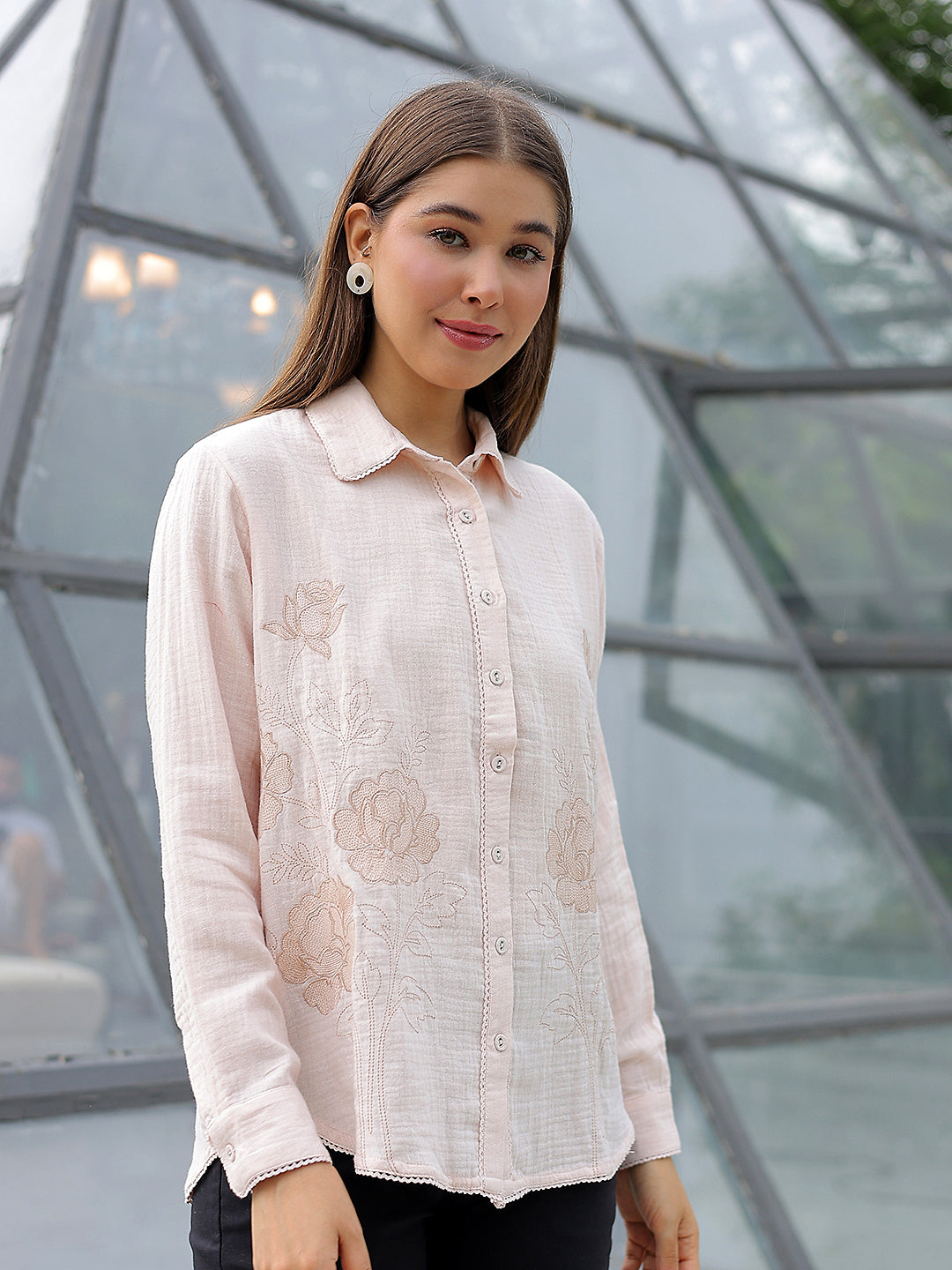 Peach Floral Embroidered 100% Cotton Shirt