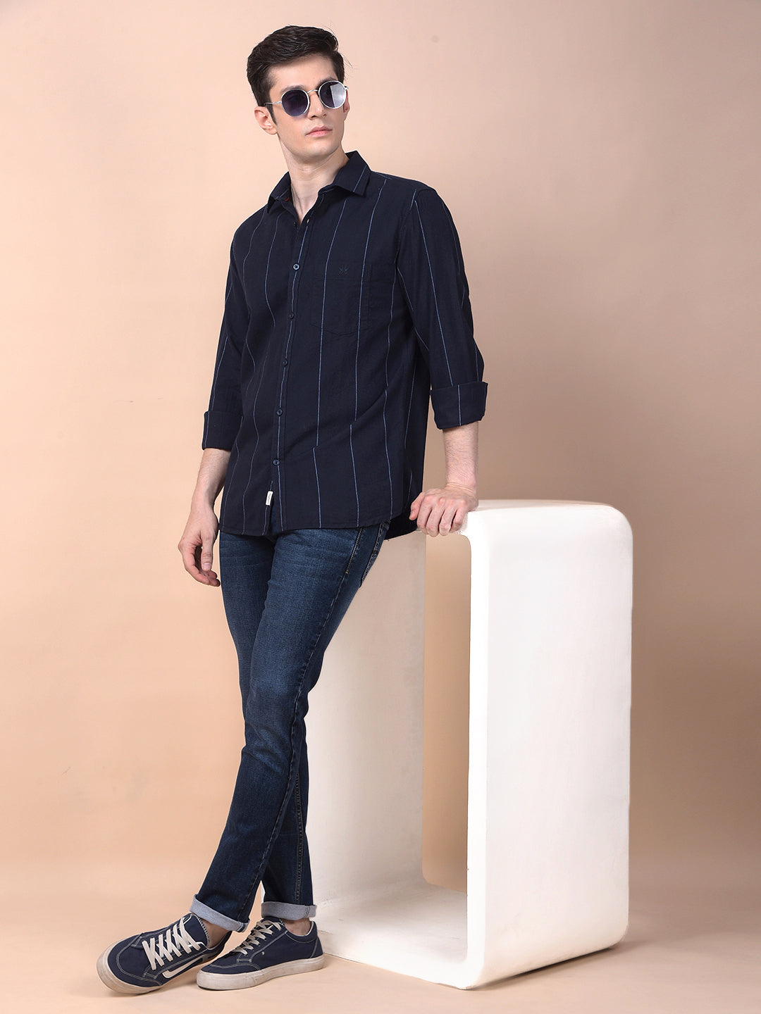 Navy Blue Vertical Stripes 100% Cotton Shirt