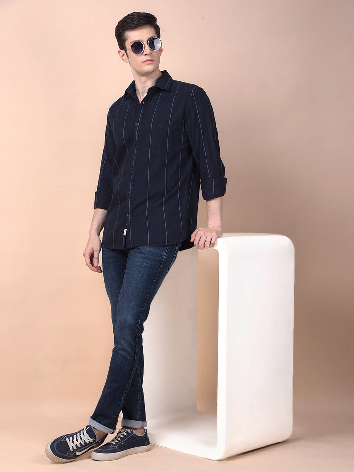Navy Blue Vertical Stripes 100% Cotton Shirt