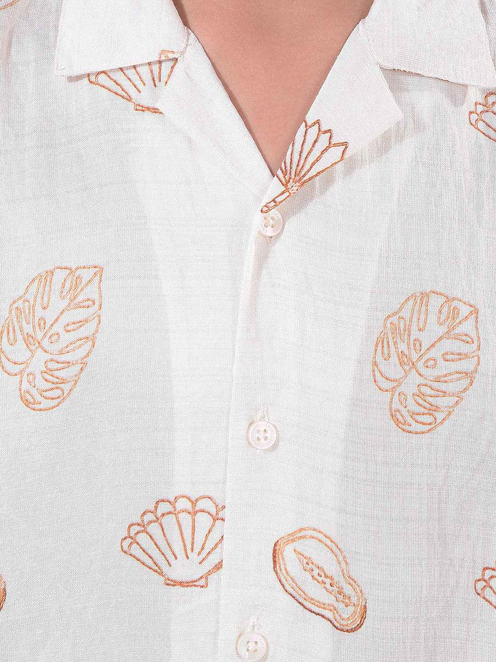 Orange Floral Print Resort-Collar Shirt