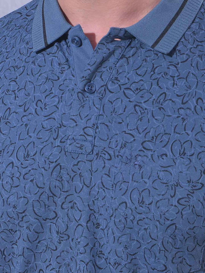 Navy Blue Floral Print Polo Neck T-Shirt