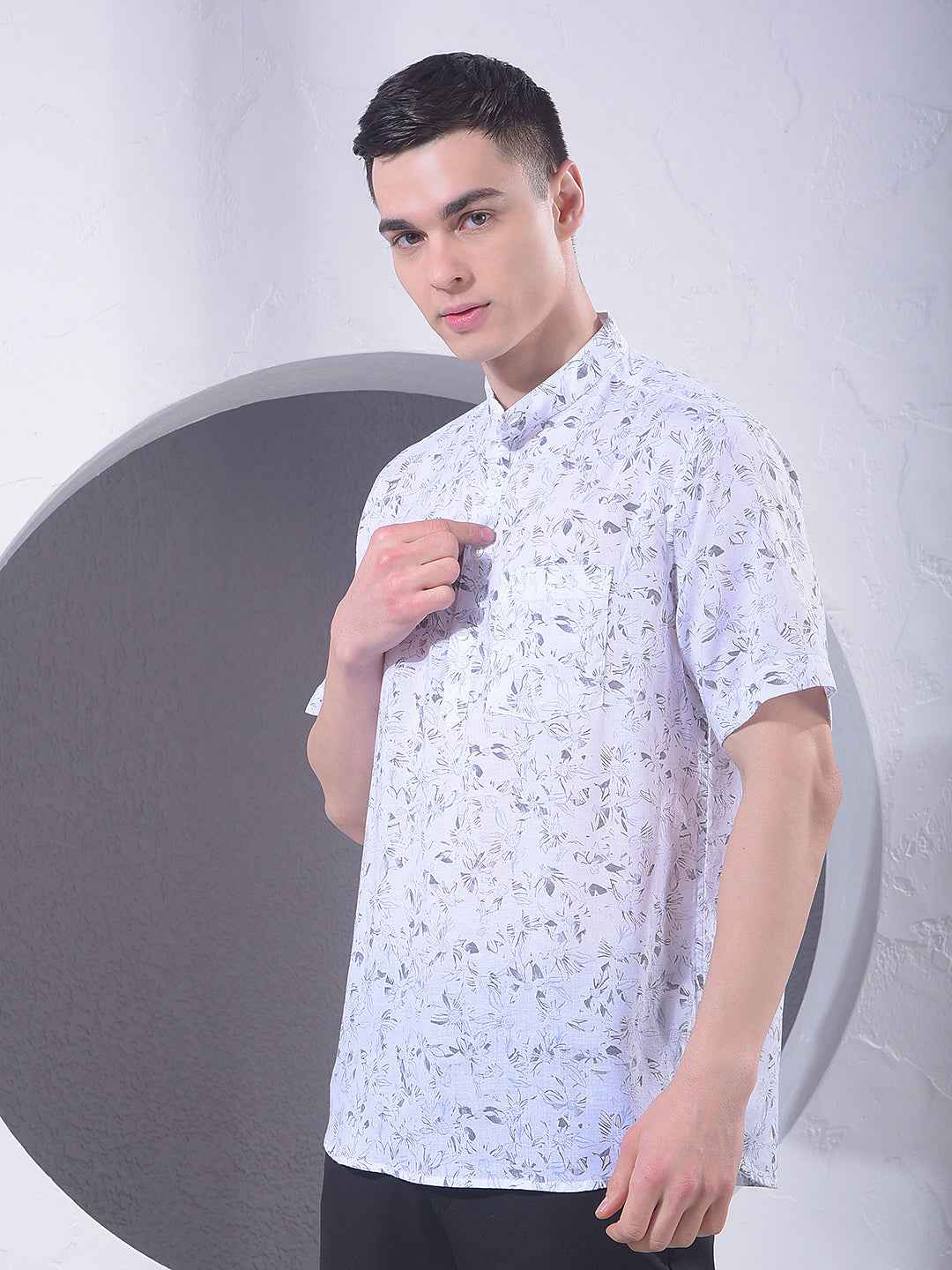 White Floral Print Linen Kurta