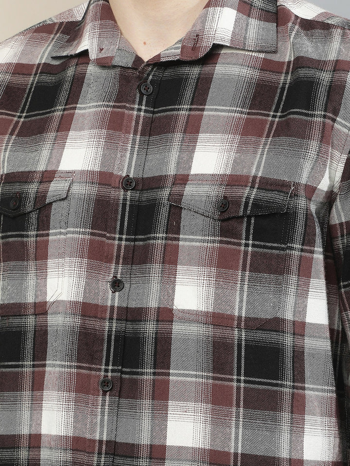 Purple Checked 100% Cotton Double Pocket Shirt