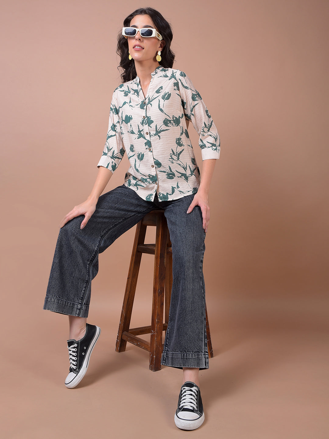 Green Floral Print V-Neck Shirt