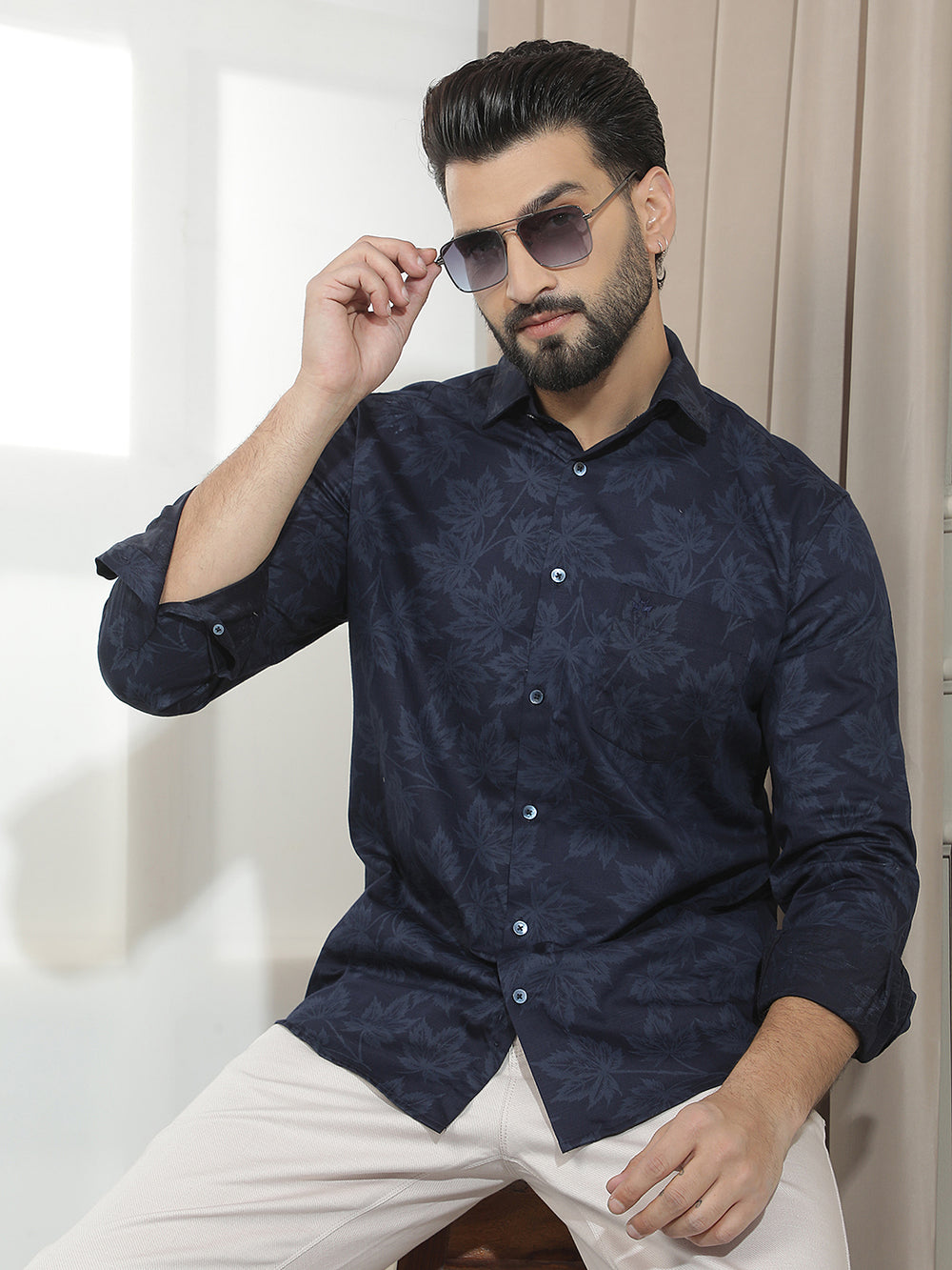 Navy Blue Floral Print Shirt