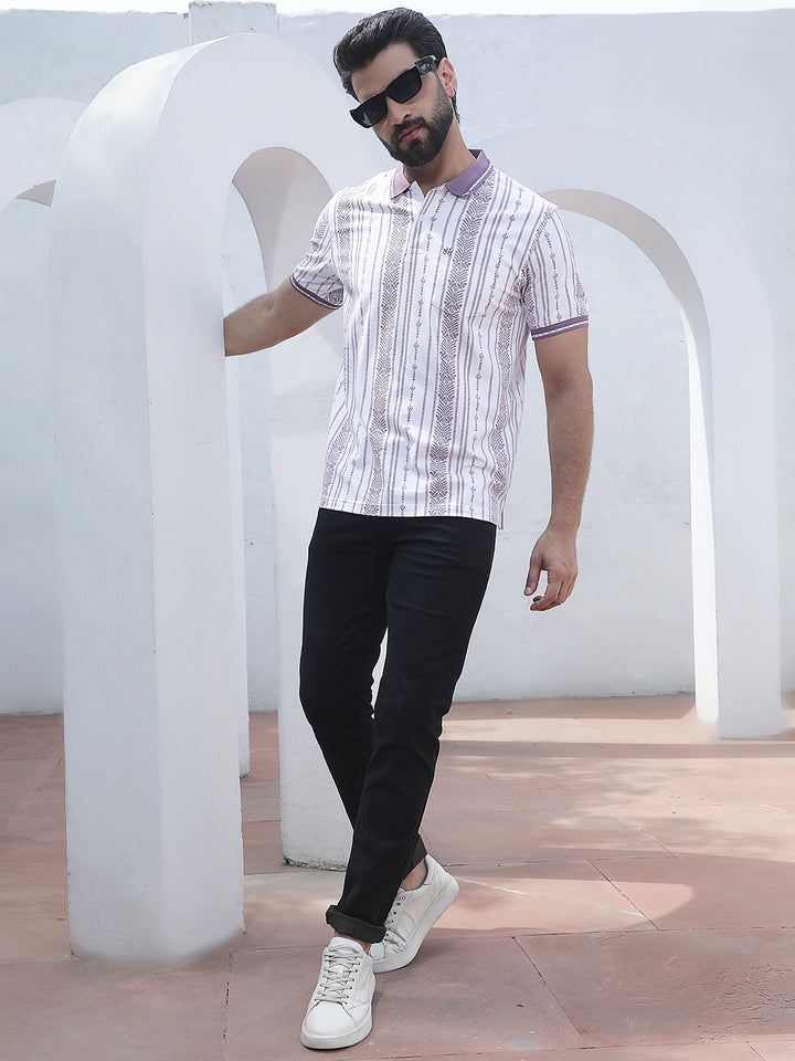 Purple Botanical Print Polo Neck T-Shirt