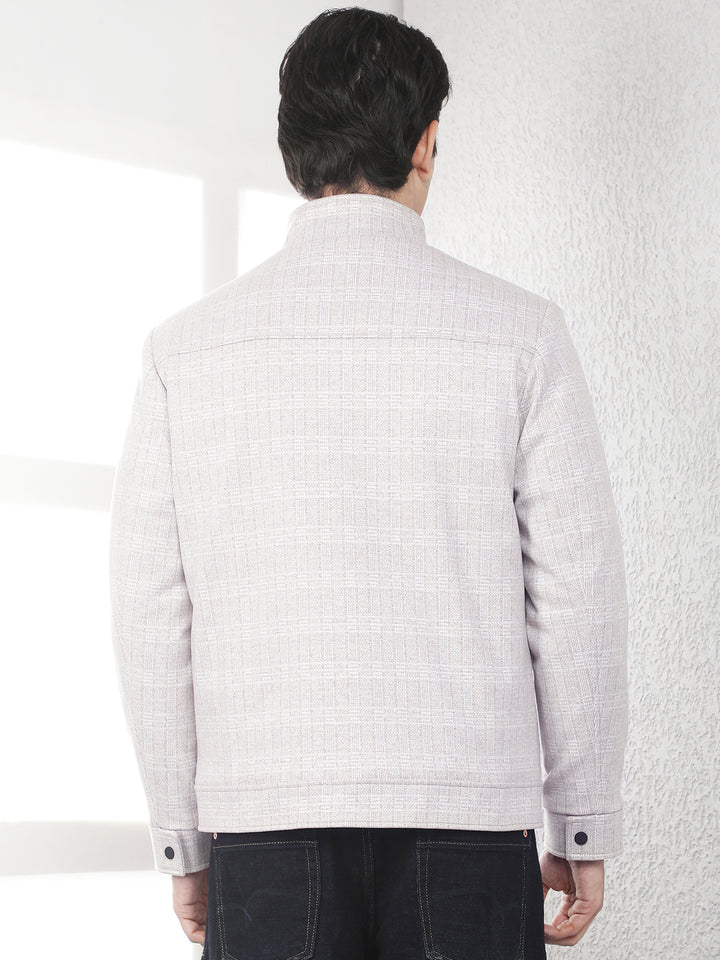 Beige Checked High Neck Tailored Jacket