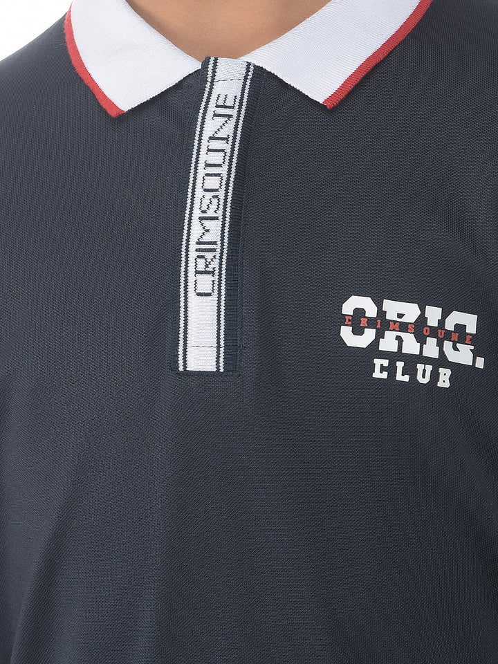 Navy Blue Typographic Polo Neck T-Shirt