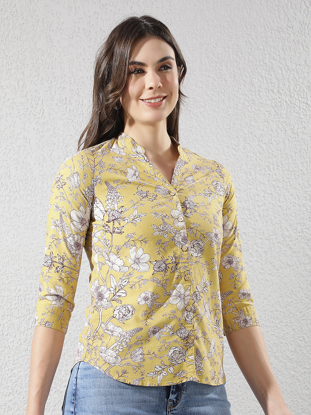 Wine Floral Print V-Neck Linen Shirt