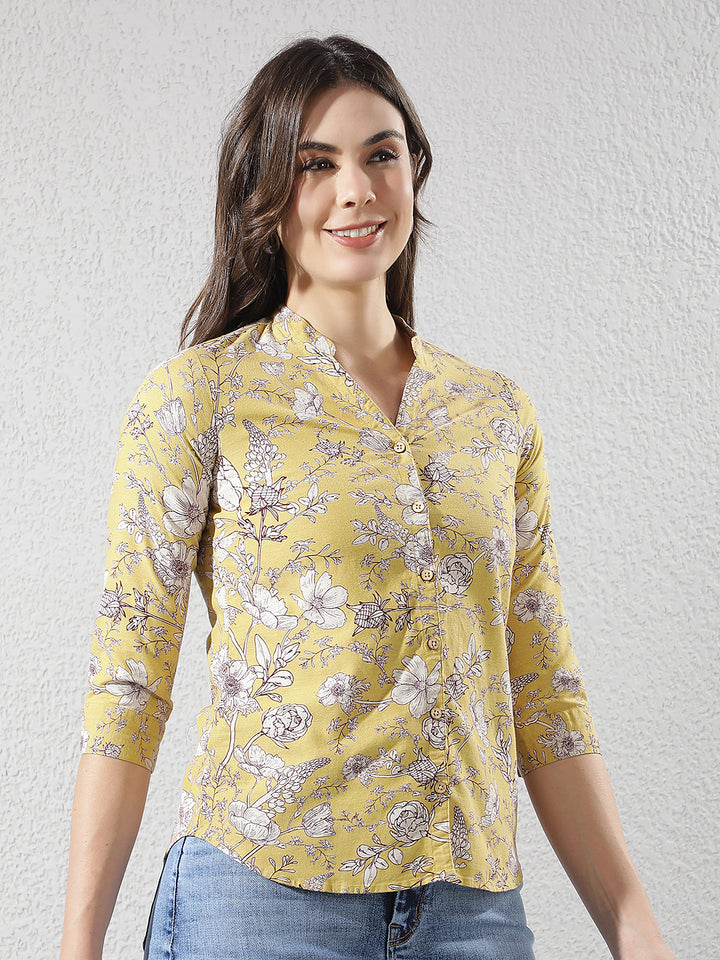 Wine Floral Print V-Neck Linen Shirt