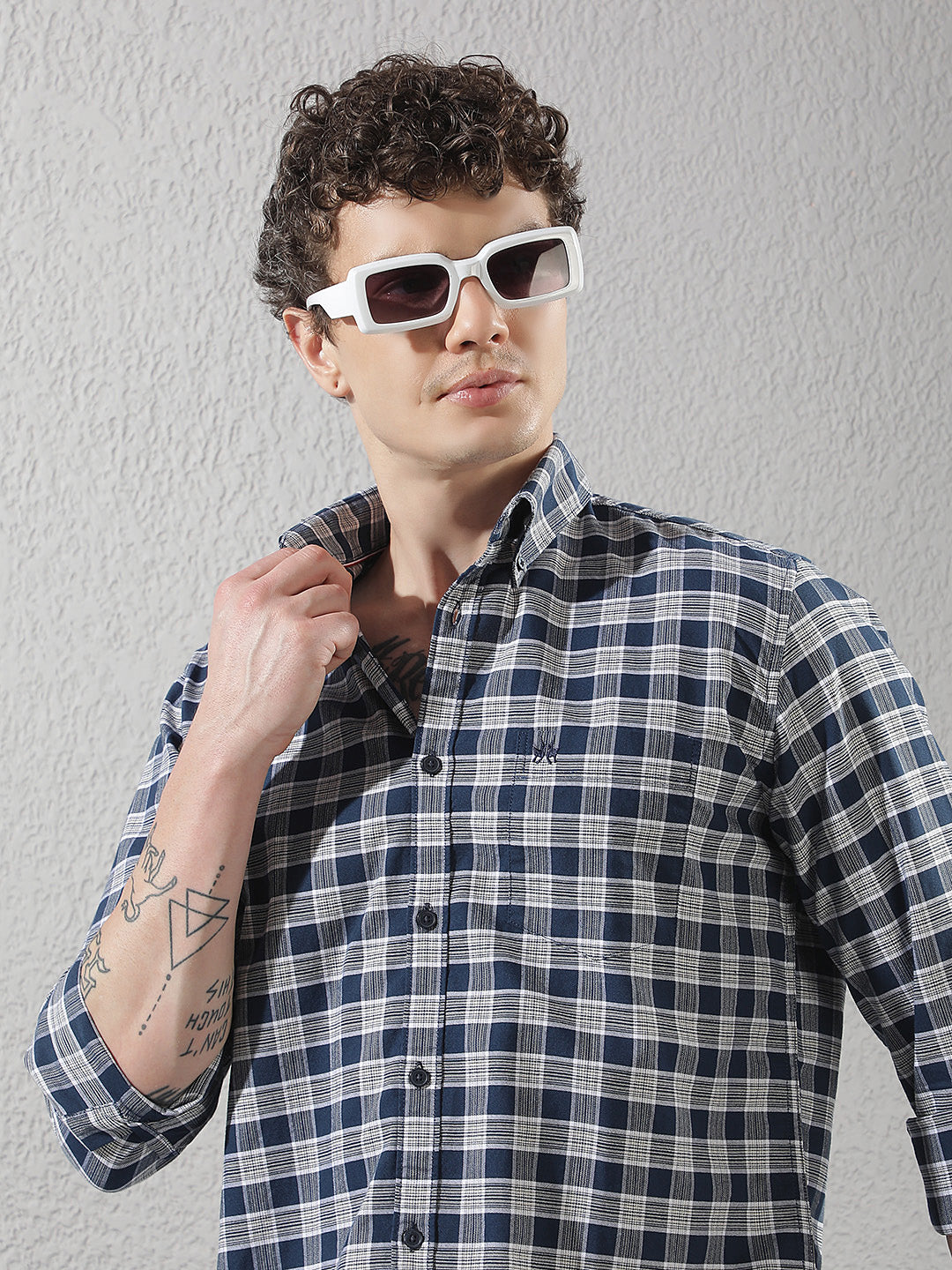 Navy Blue Checked Button-Down Collar 100% Cotton Shirt