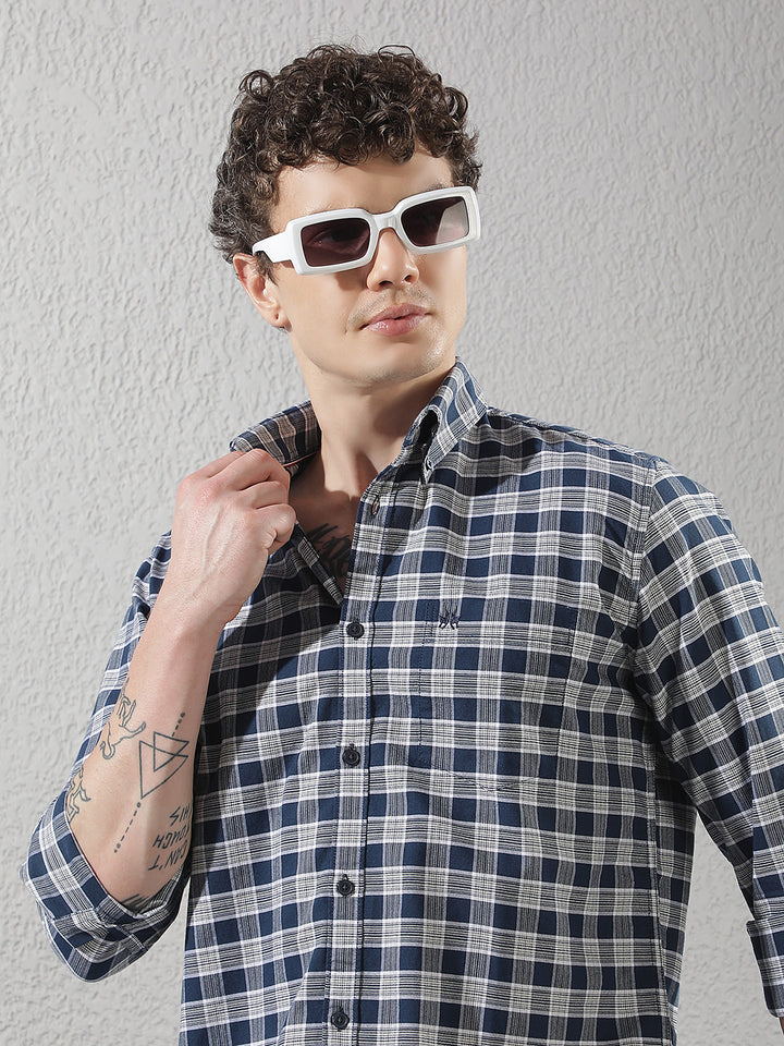 Navy Blue Checked Button-Down Collar 100% Cotton Shirt