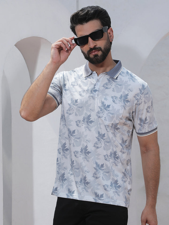 Blue Floral Print Polo Neck T-Shirt