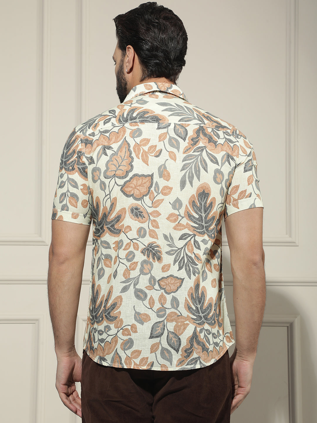 Orange Floral Print Linen Shirt