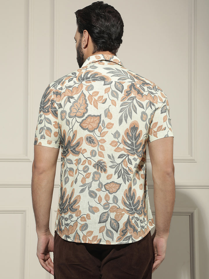 Orange Floral Print Linen Shirt