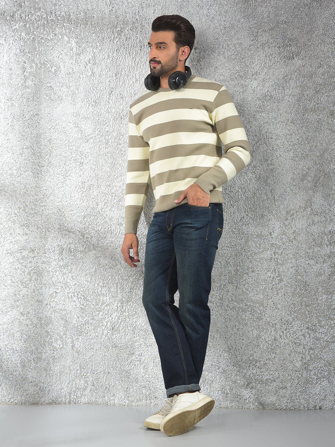 Beige Horizontal Stripes Sweater