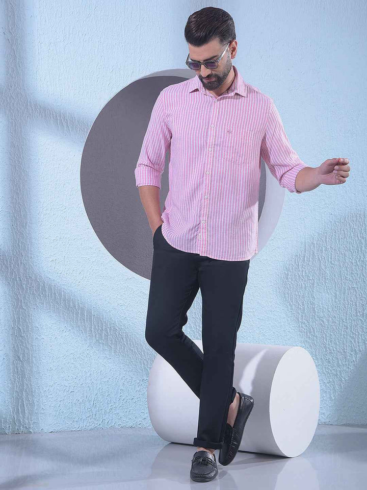 Pink Linen Vertical Stripes Shirt