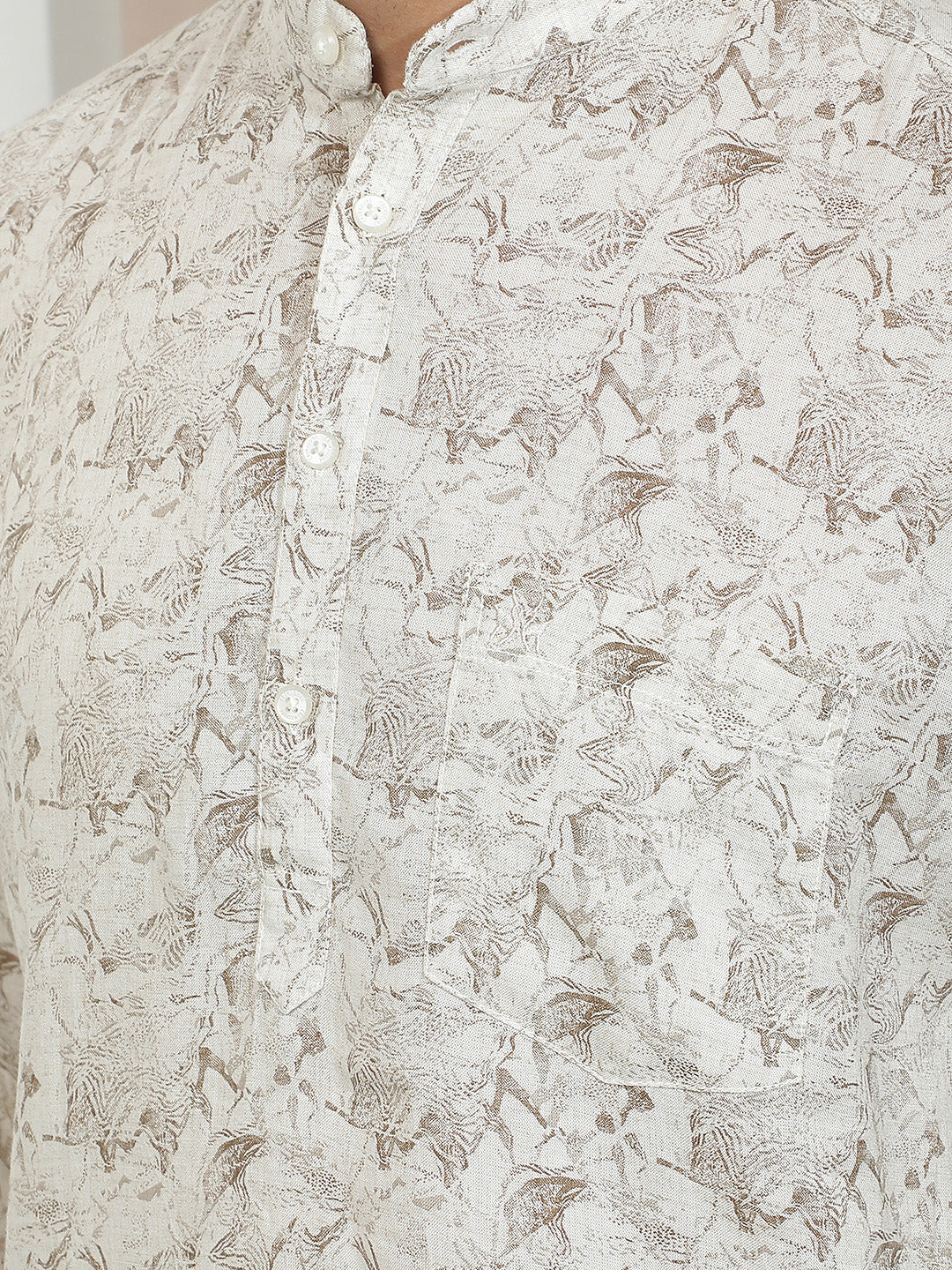 Beige Floral Print Linen Kurta