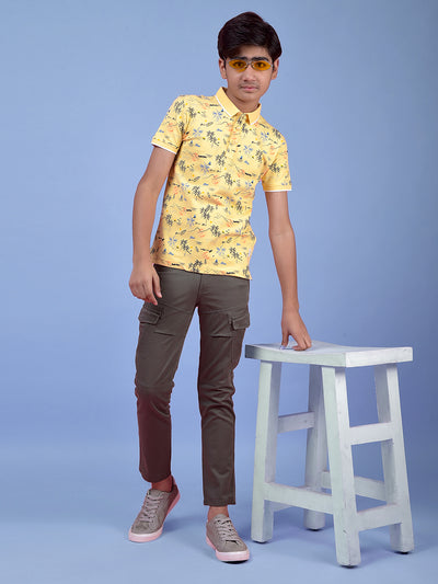 Yellow Floral Print Polo Neck T-Shirt