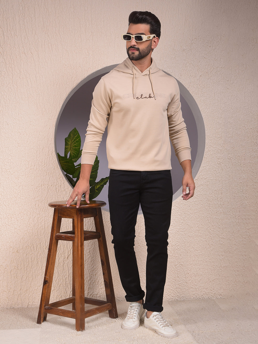 Beige Embroidered Hooded Neck Sweatshirt