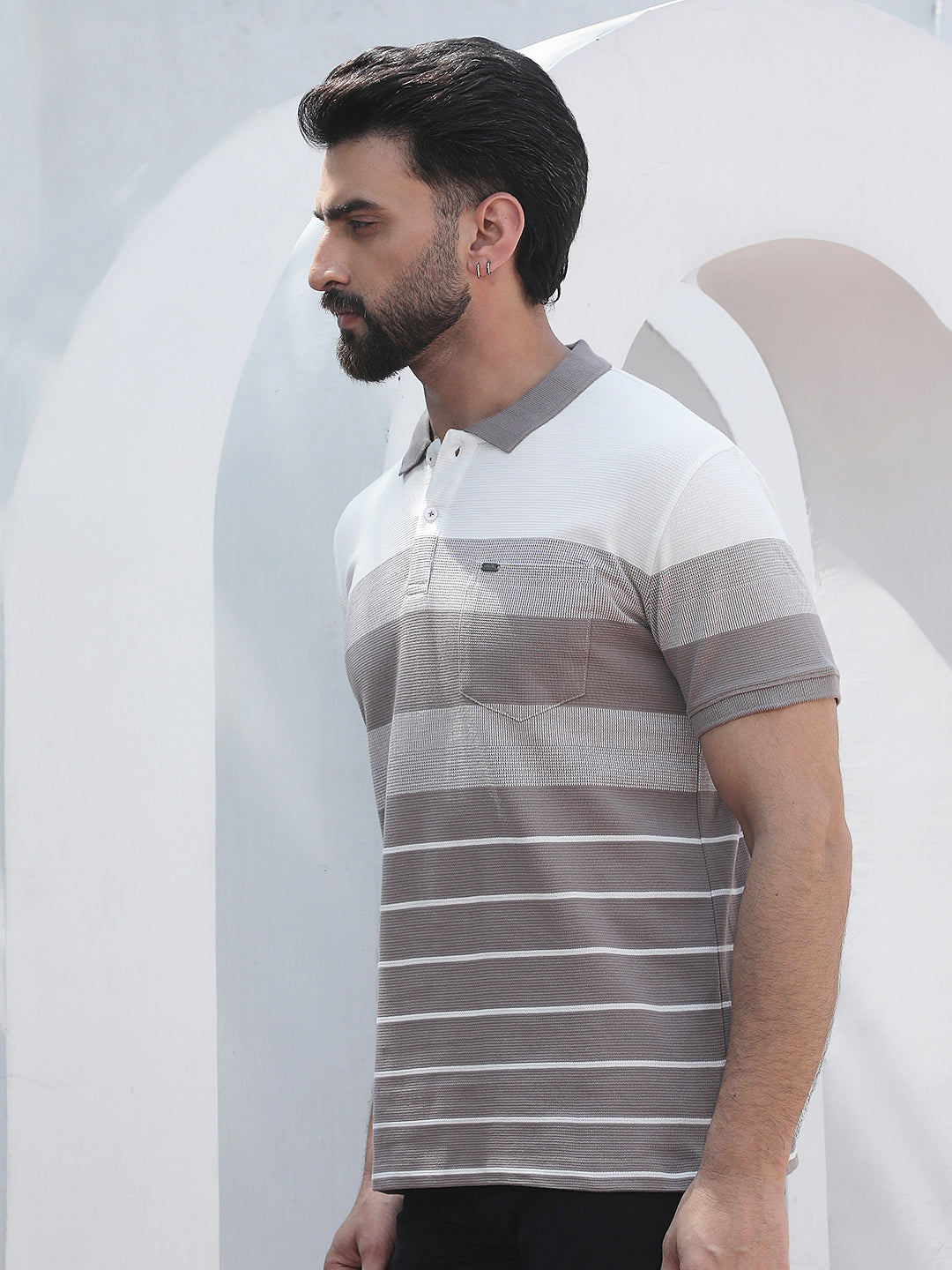 Purple Horizontal Striped Polo Neck T-Shirt