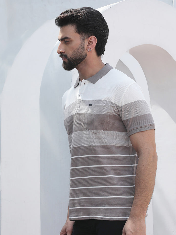 Purple Horizontal Striped Polo Neck T-Shirt